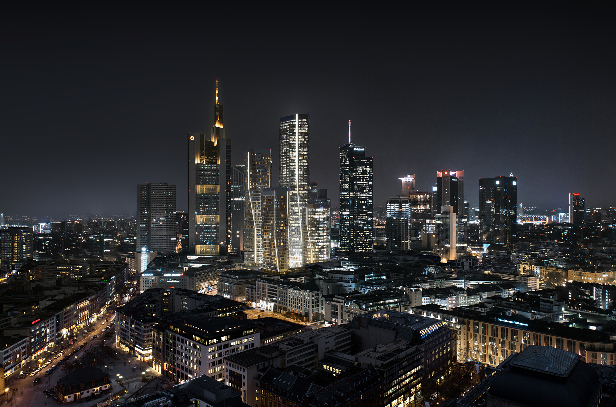 Die subtilen Knicke und Verschiebungen in den einzelnen Gebäuden sind ein prägendes Element von Four Frankfurt.